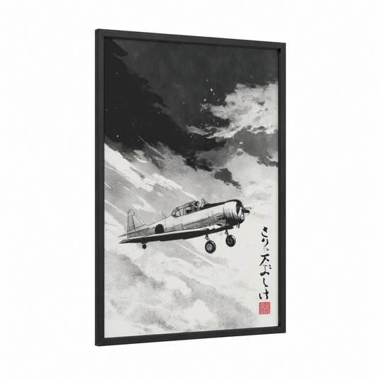 Snowy Skies Plane framed vintage airplane print — black wood frame — black and white palette