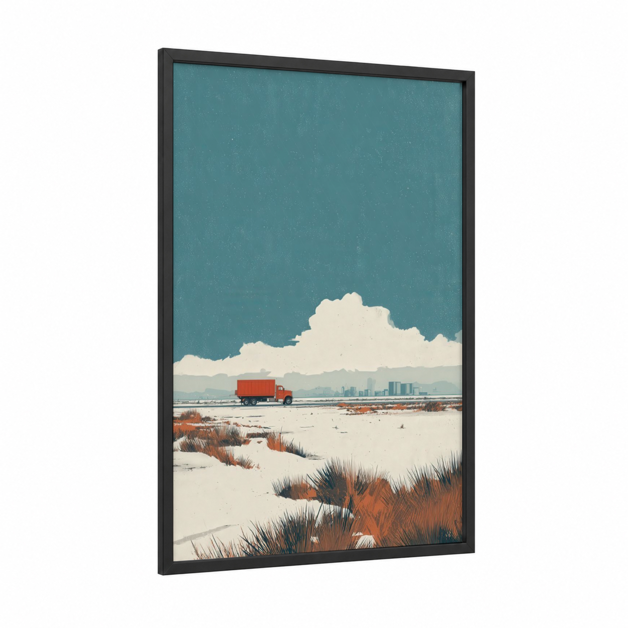 Desert Truck framed art print — black wood frame — teal and cream palette