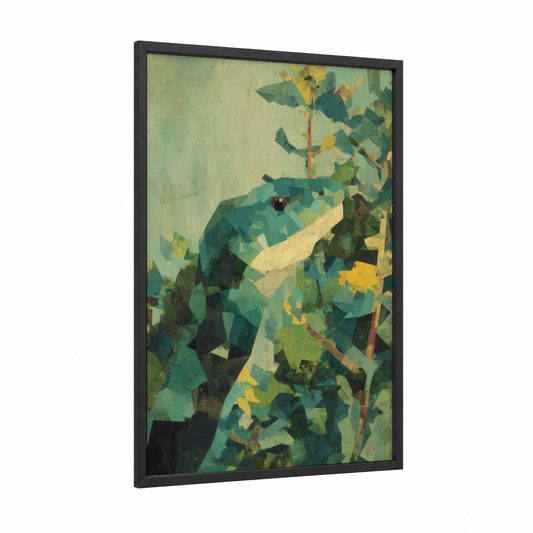 Emerald Python framed art print — black wood frame — teal and yellow gold palette