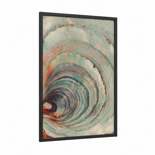 Spiral Oyster framed art print — black wood frame — sage green and rose gold palette