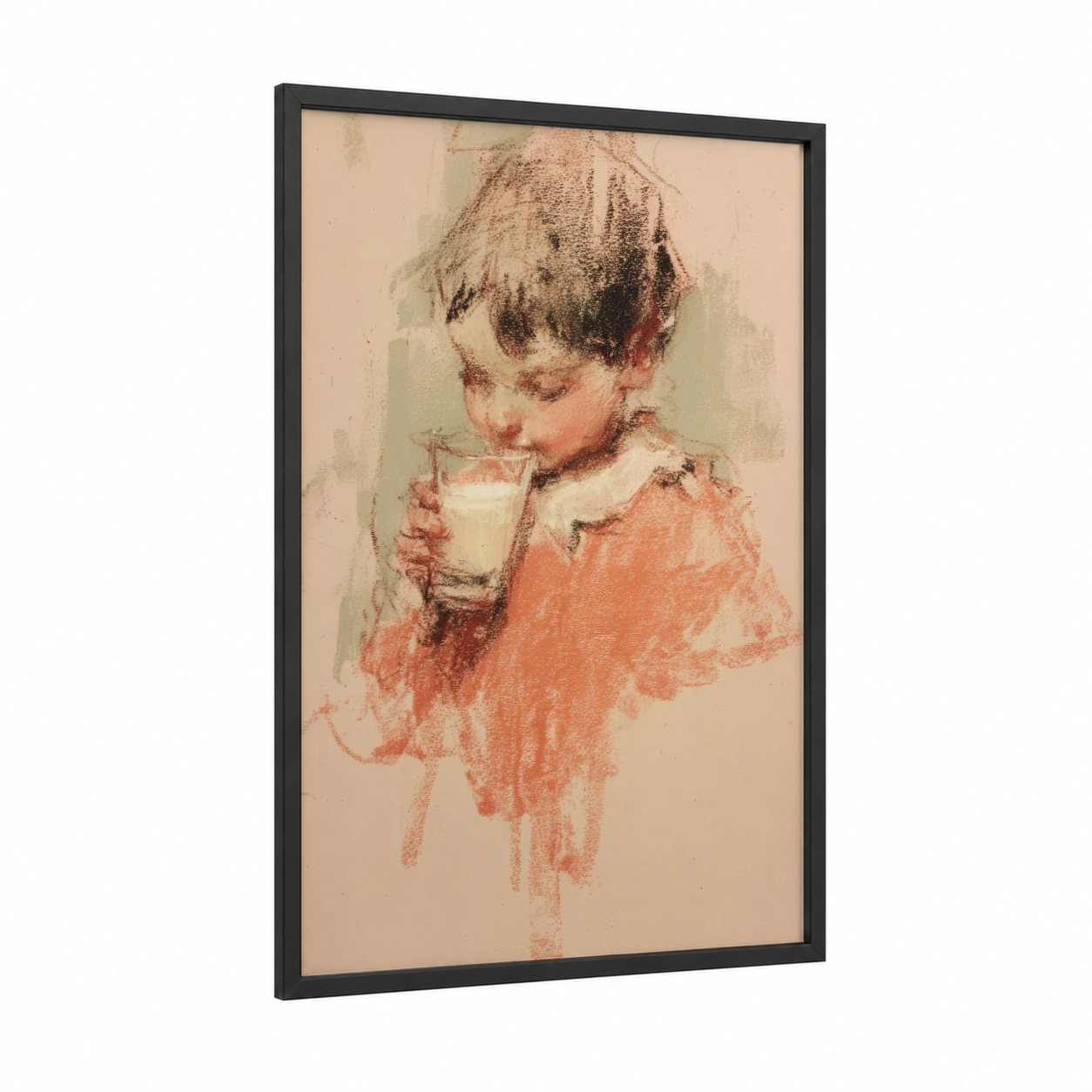 Milk Moment Child framed art print — black wood frame — peach and cream palette