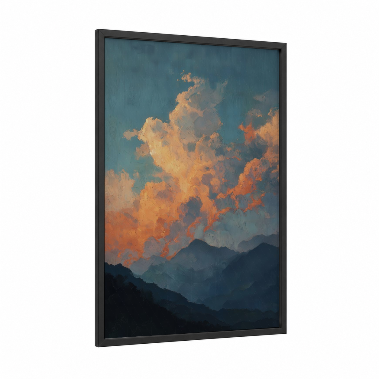 Golden Alpine Sunrise framed alps print — black wood frame — gold and dark blue palette