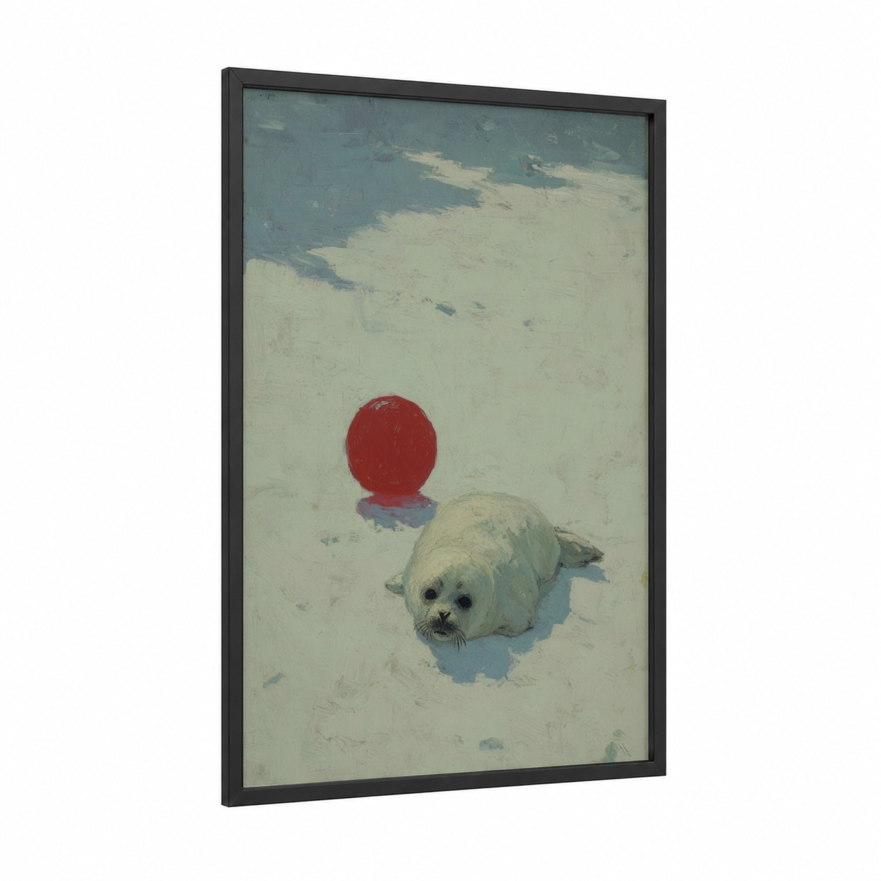 Sandy Seal Pup framed art print — black wood frame — cream and dove gray palette