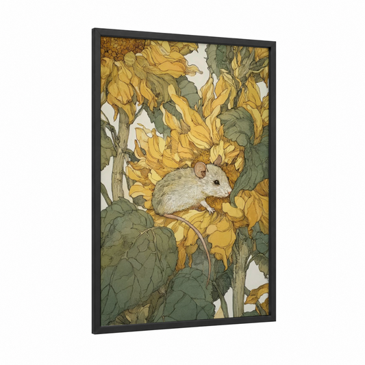Sunflower Mouse framed mice print — black wood frame — yellow gold and sage green palette
