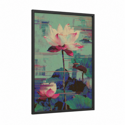 Digital Lotus Bloom framed art print — black wood frame — magenta and light green palette