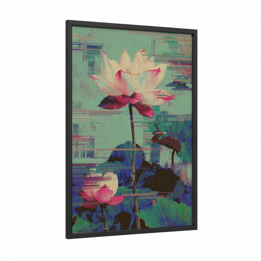 Digital Lotus Bloom framed art print — black wood frame — magenta and light green palette