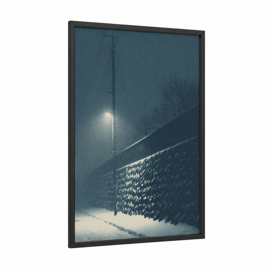 Snowy Masonry Wall framed art print — black wood frame — dark blue and gray palette
