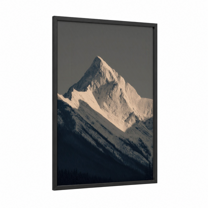 Alpine Peak Winter framed art print — black wood frame — white and gray palette