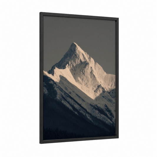 Alpine Peak Winter framed art print — black wood frame — white and gray palette