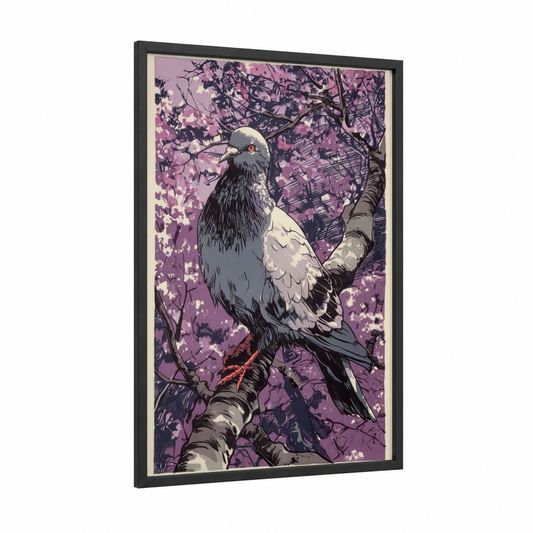 Blossom Pigeon framed art print — black wood frame — lavender and black and white palette