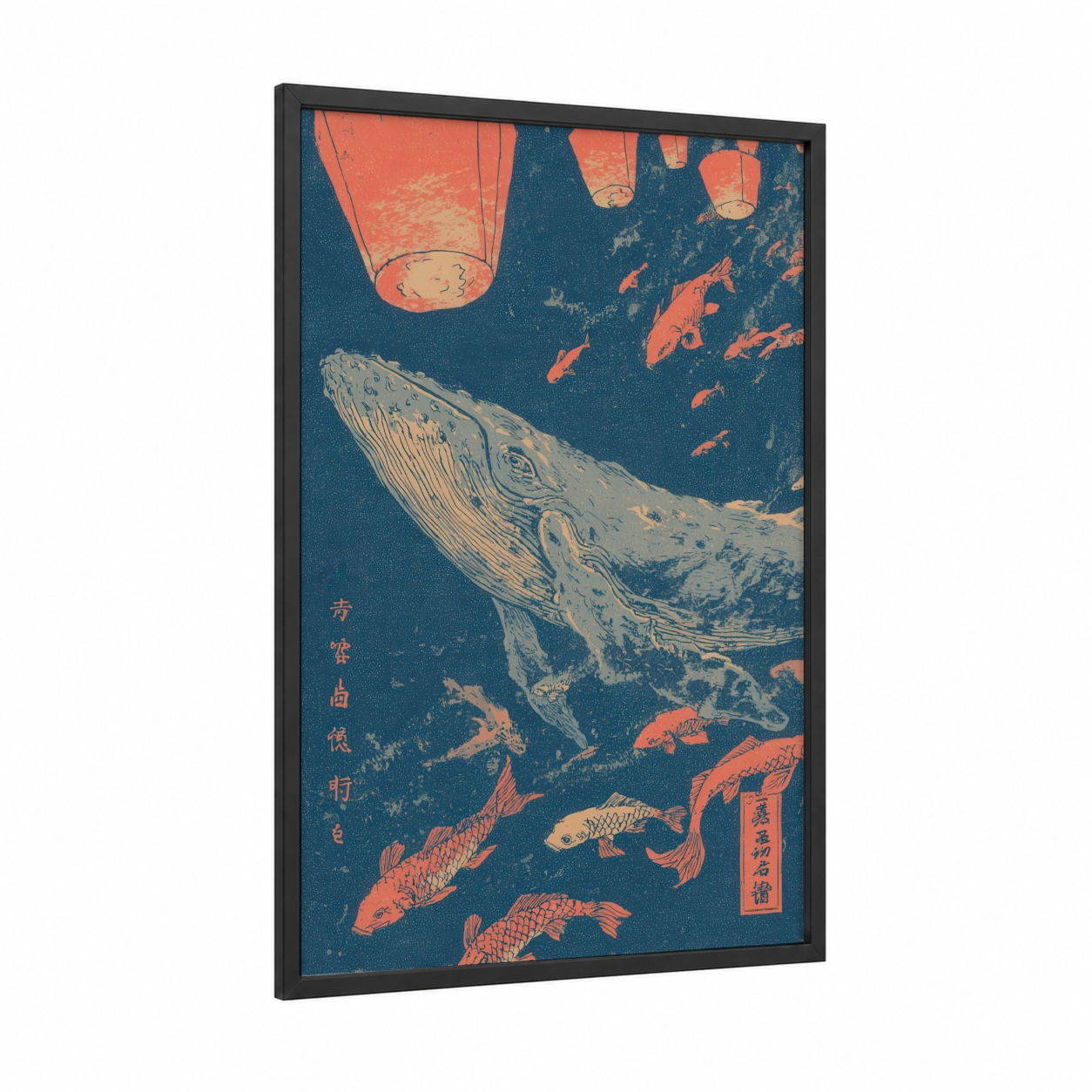 Lantern Whale framed blue whale print — black wood frame — dark blue and salmon pink palette