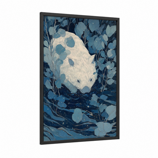 Moonlit Wombat framed art print — black wood frame — blue and white and dark blue palette