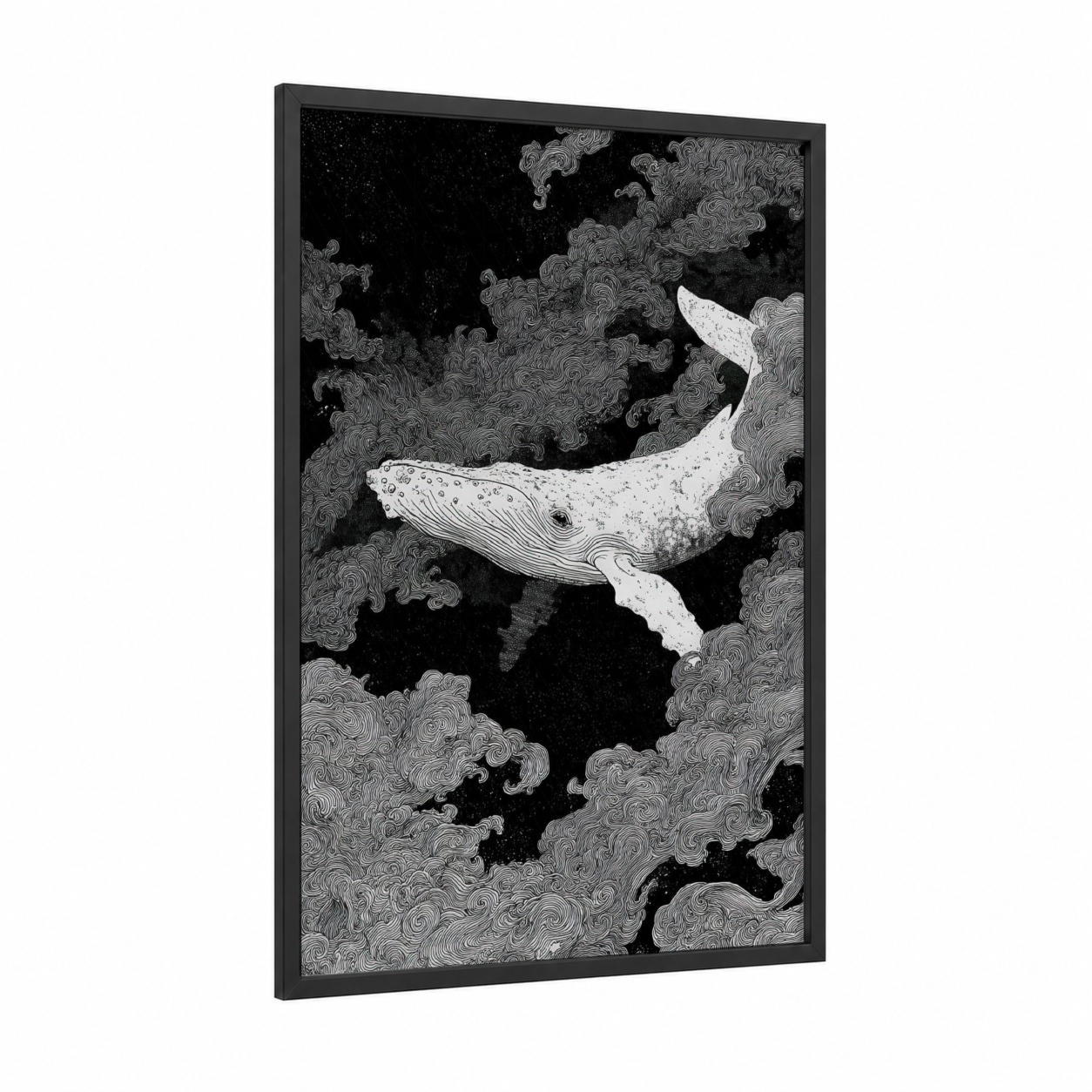 Celestial Gray Whale framed art print — black wood frame — black and white palette