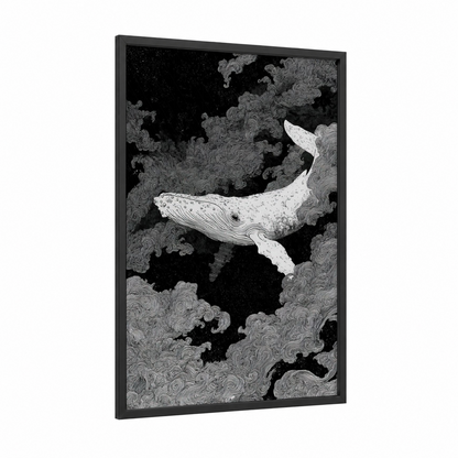 Celestial Gray Whale framed art print — black wood frame — black and white palette