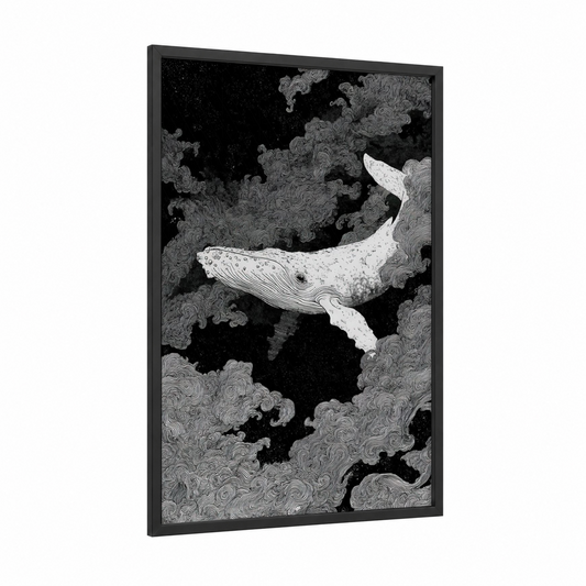 Celestial Gray Whale framed art print — black wood frame — black and white palette