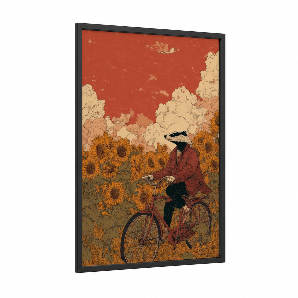 Cycling Badger framed art print — black wood frame — russet and gold palette