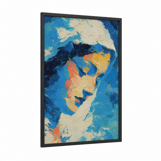 Serene Virgin Mary framed art print — black wood frame — blue and gold palette