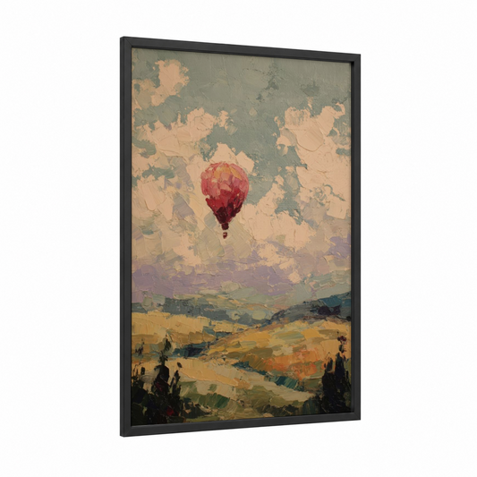 Crimson Sky Balloon framed hot air baloon print — black wood frame — gold and gray palette