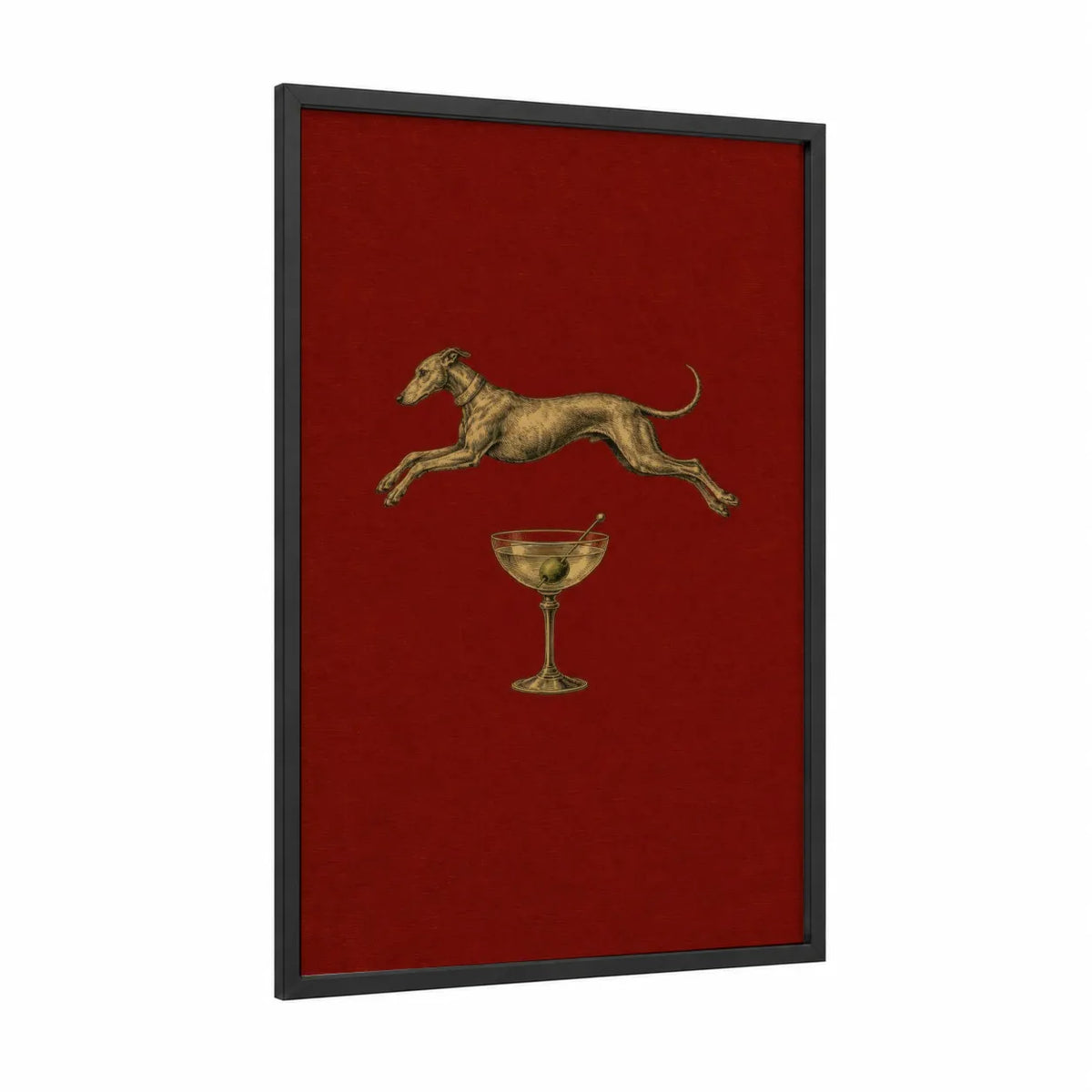 Elegant Greyhound and Martini Wall Art framed dogs print — black wood frame — red and gold palette