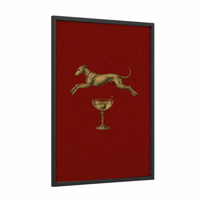 Elegant Greyhound and Martini Wall Art framed dogs print — black wood frame — red and gold palette