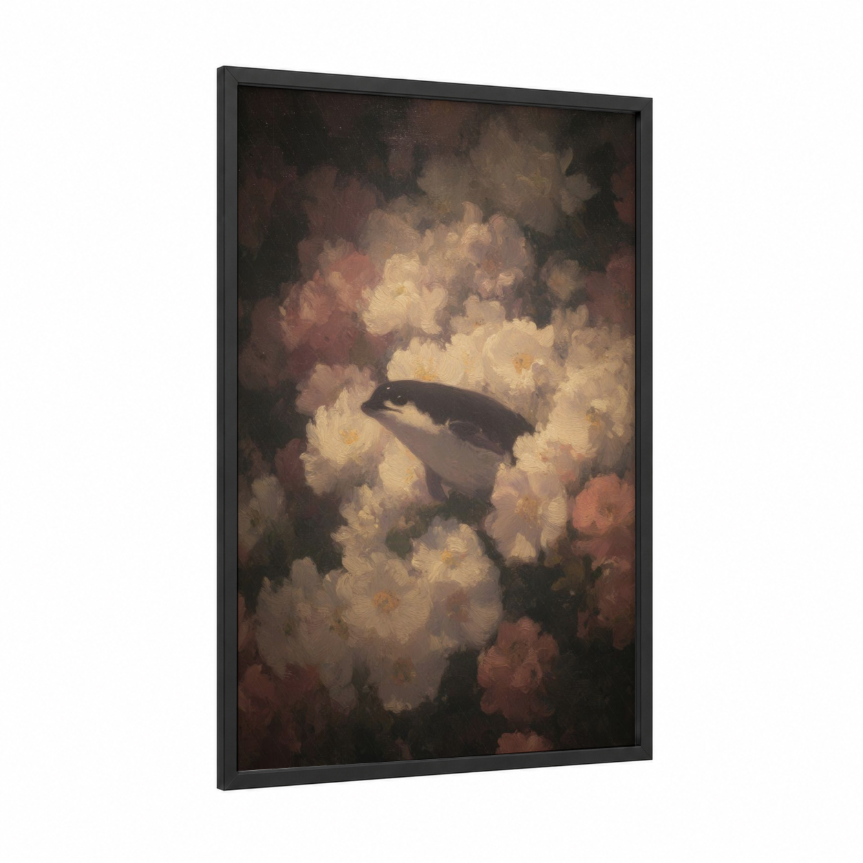 Dreaming Narwhal framed art print — black wood frame — cream and rose gold palette