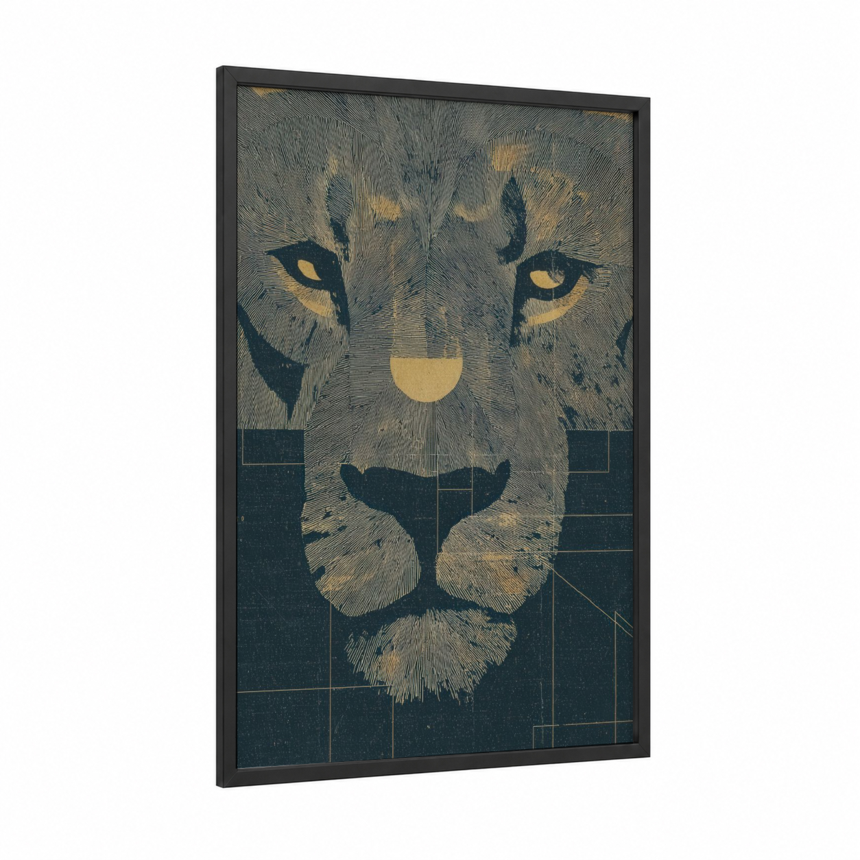 Geometric Leo framed art print — black wood frame — gold and black and gold palette