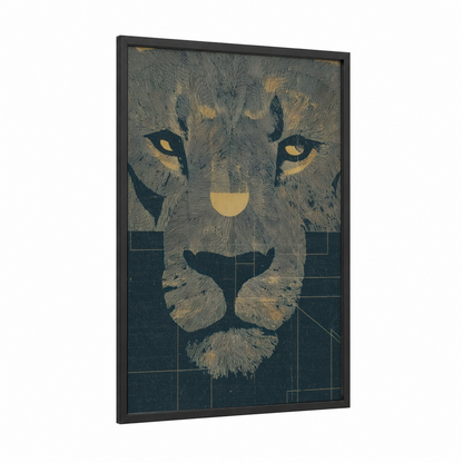 Geometric Leo framed art print — black wood frame — gold and black and gold palette