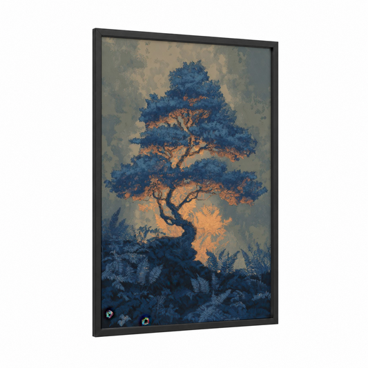 Golden Bonsai framed bonsai tree print — black wood frame — blue and gold palette