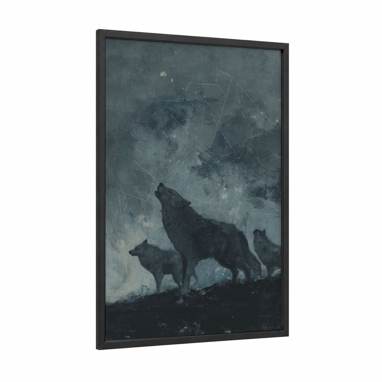 Howling Wolf Pack framed art print — black wood frame — dark blue and gray palette