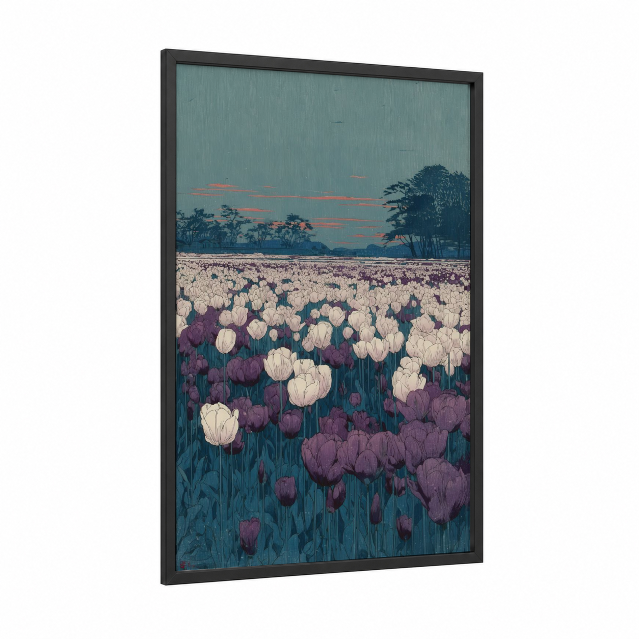 Twilight Tulip Field framed art print — black wood frame — teal and rose gold palette