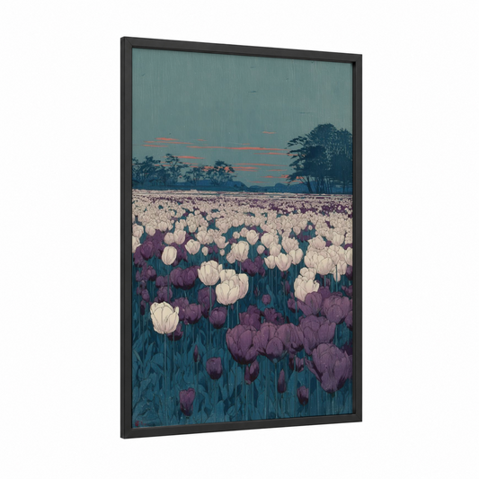 Twilight Tulip Field framed art print — black wood frame — teal and rose gold palette