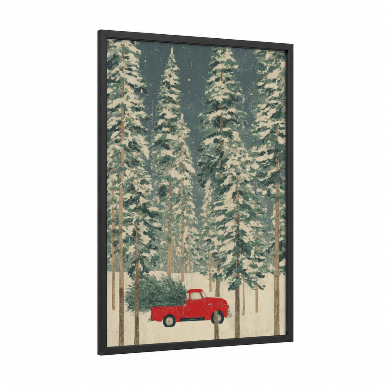 Vintage Christmas Truck framed art print — black wood frame — sage green and cream palette