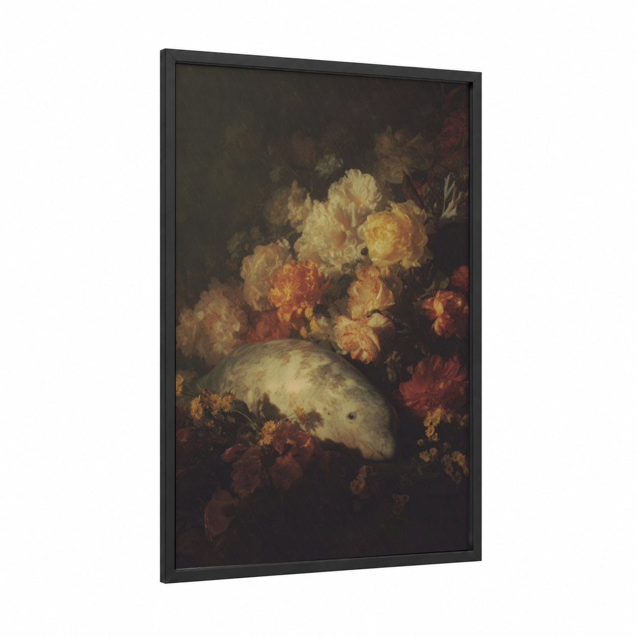Floral Narwhal framed art print — black wood frame — gold and maroon palette