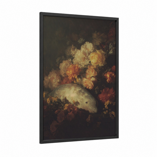 Floral Narwhal framed art print — black wood frame — gold and maroon palette