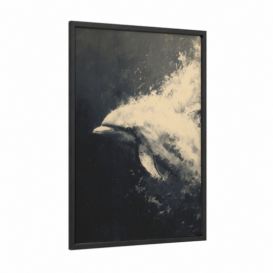 Emerging Dolphin framed dolphins print — black wood frame — black and white and gray palette