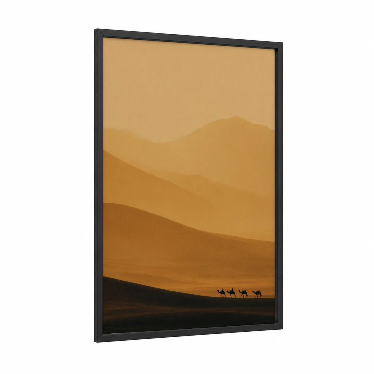 Golden Dune Caravan framed art print — black wood frame — gold and mustard palette