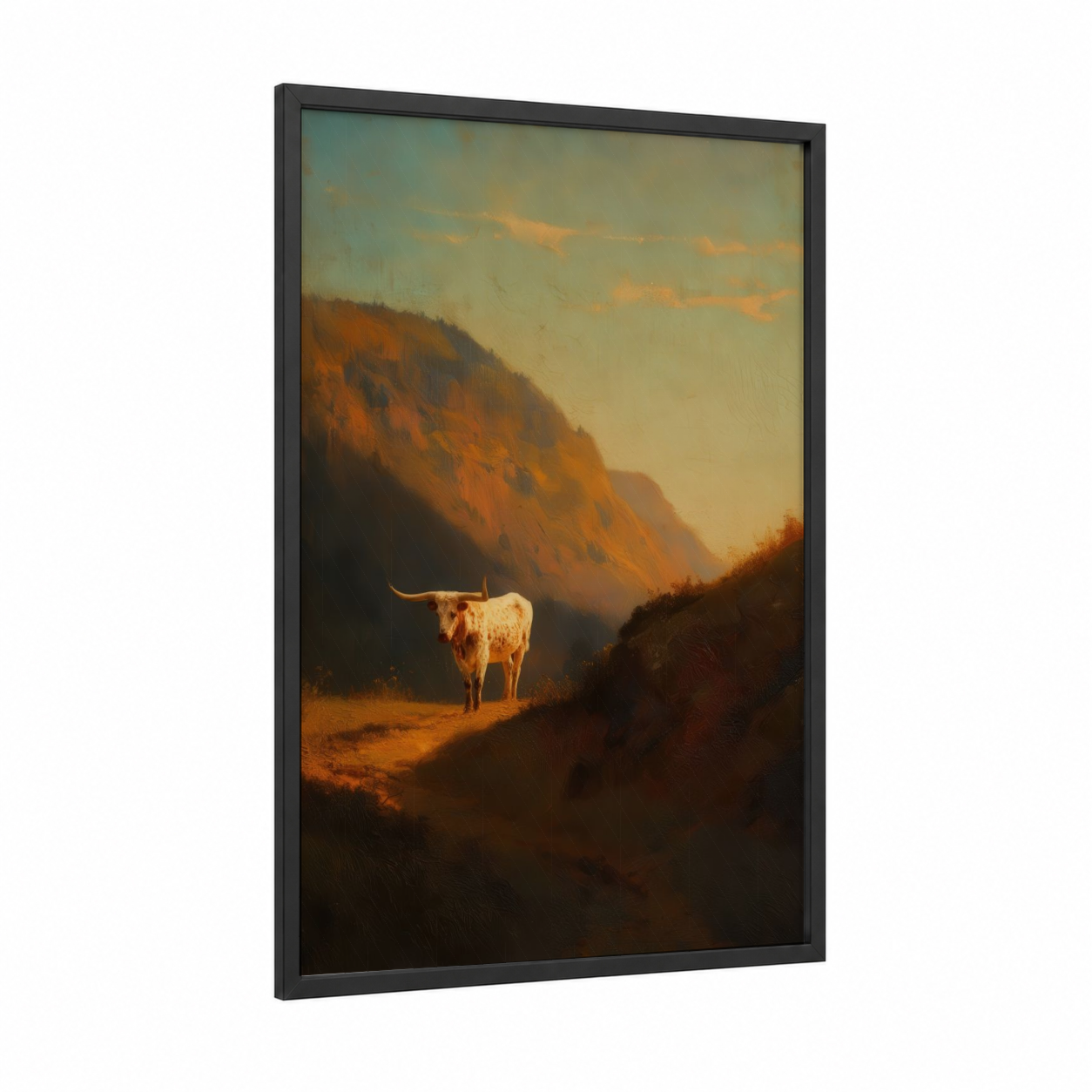 Golden Hour Longhorn framed longhorn cow print — black wood frame — gold and russet palette