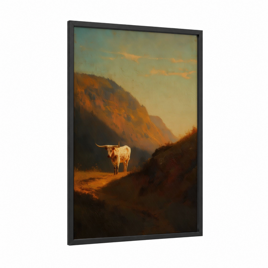 Golden Hour Longhorn framed longhorn cow print — black wood frame — gold and russet palette