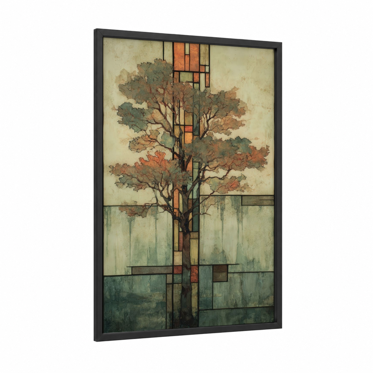 Autumn Juniper Tree framed art print — black wood frame — russet and cream palette