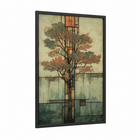 Autumn Juniper Tree framed art print — black wood frame — russet and cream palette