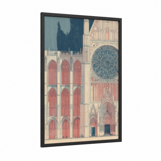 Amiens Cathedral Facade framed art print — black wood frame — cream and teal palette