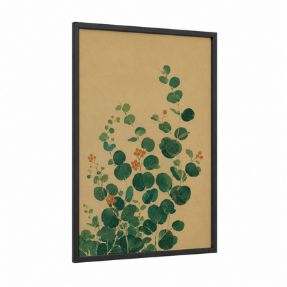 Botanical Eucalyptus Branch Wall Art framed leaf print — black wood frame — green and beige palette