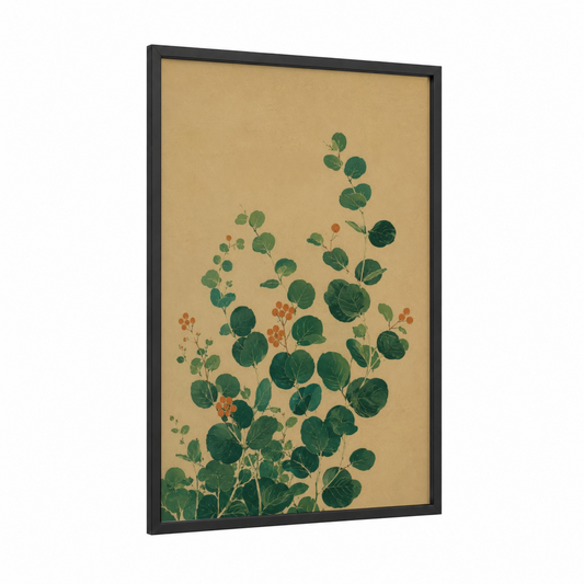 Botanical Eucalyptus Branch Wall Art framed leaf print — black wood frame — green and beige palette
