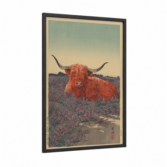 Highland Cow Meadow framed art print — black wood frame — russet and sage green palette
