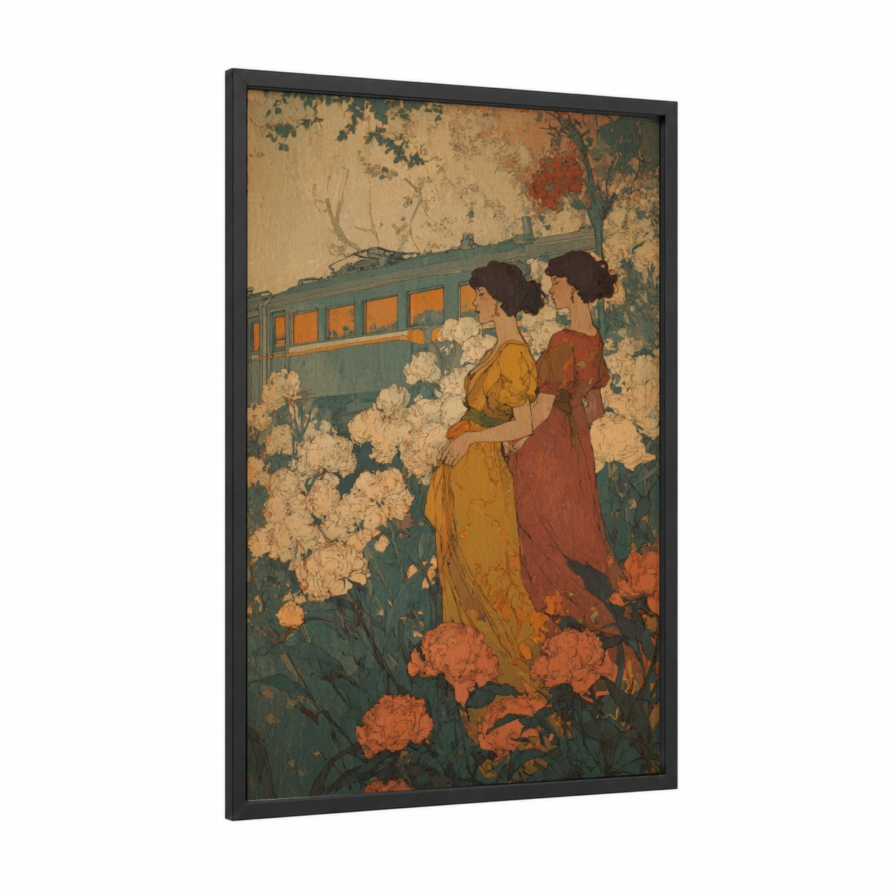 Vintage Train Escape framed art print — black wood frame — teal palette