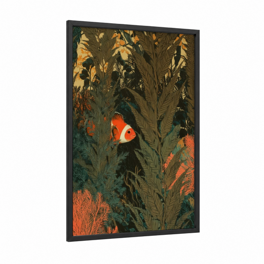Coral Garden Clownfish framed clown fish print — black wood frame — orange and teal palette