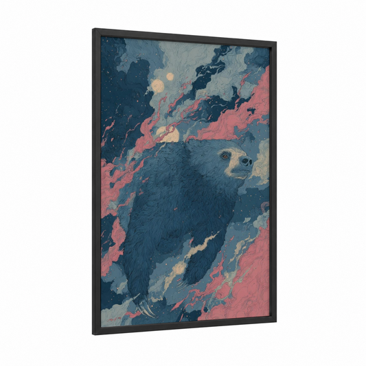 Cosmic Sloth Bear framed art print — black wood frame — dark blue and salmon pink palette