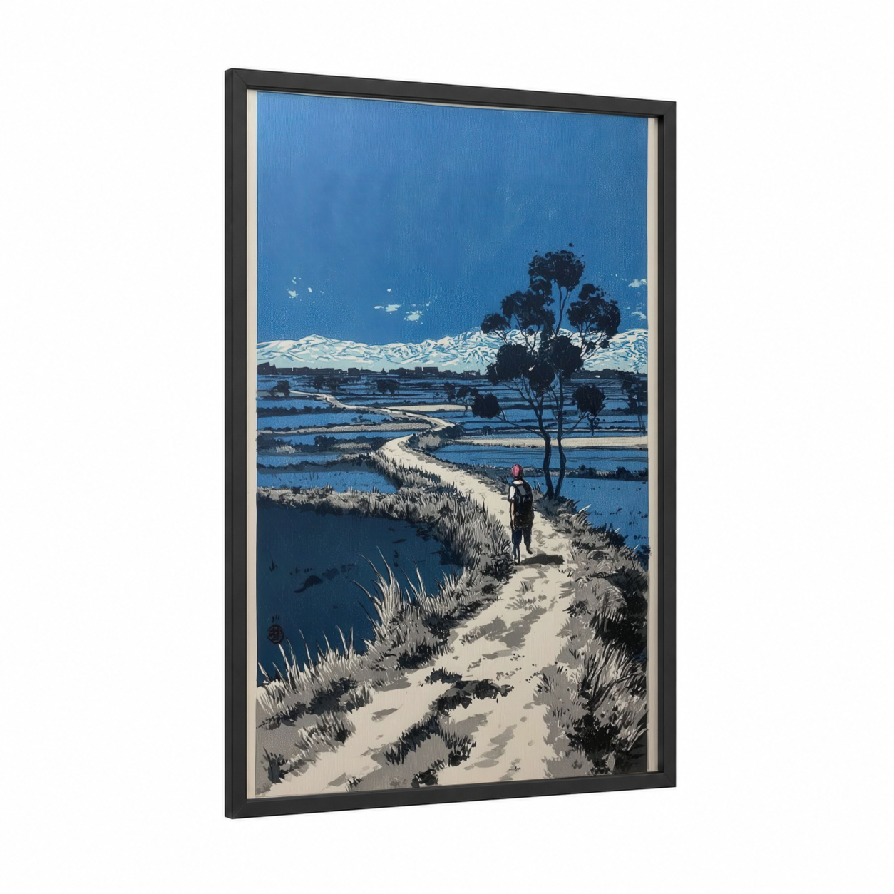 Snowy Valley Path framed various landscapes print — black wood frame — blue and white palette