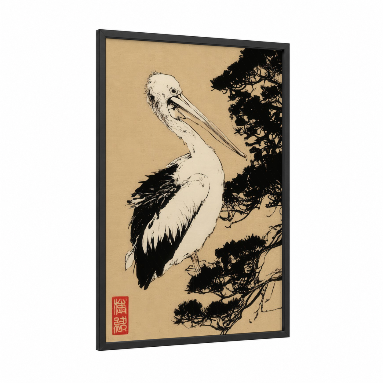 Minimalist Pelican framed art print — black wood frame — cream and black and white palette