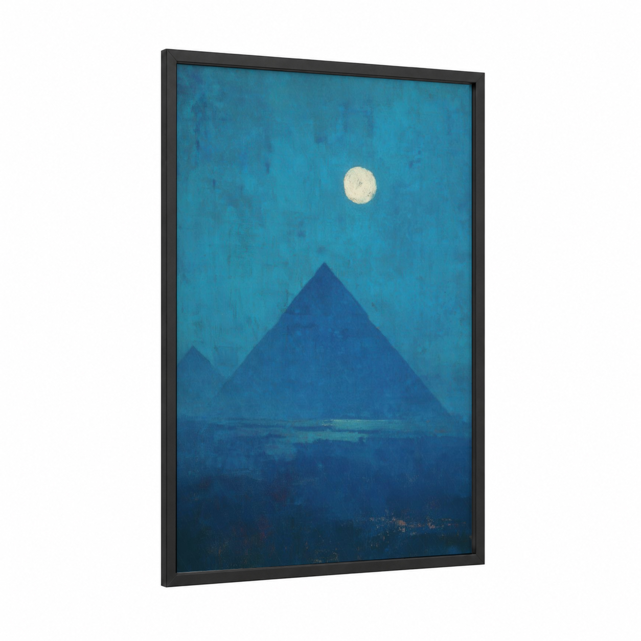 Moonlit Pyramid framed great pyramid of giza print — black wood frame — dark blue and teal palette